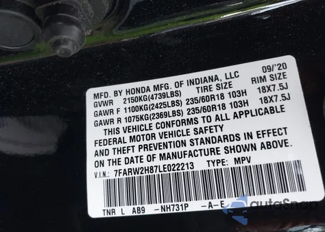 2020 Honda Cr-V Awd Ex-L из США, поврежденный, VIN 7FARW2H87LE022213